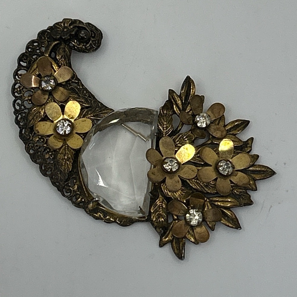 Antique Crystal Brass Faceted Glass Floral Huge Cornucopia Brooch Rare Statement
